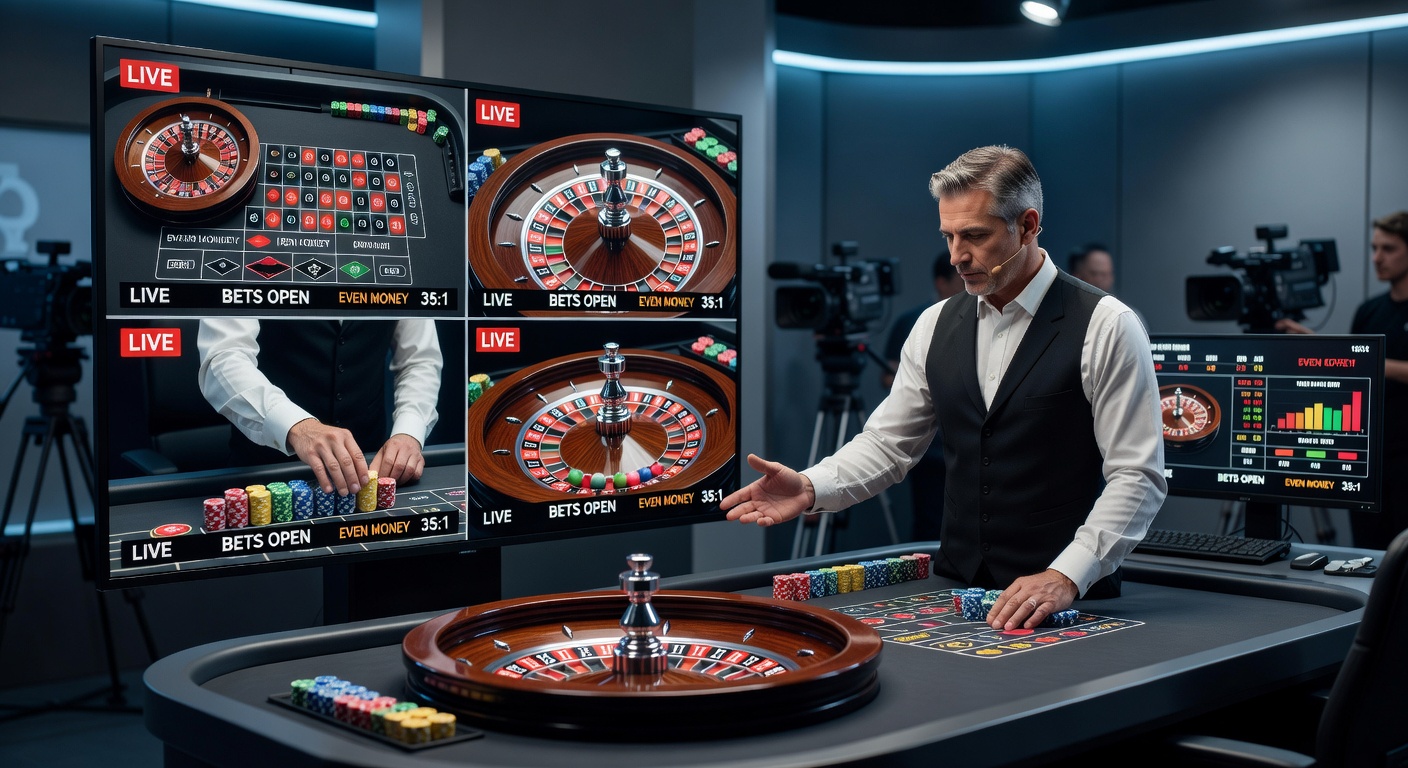 Croupier spinning the roulette wheel with visible hand cues and multiple camera feeds active in a live regulated stream