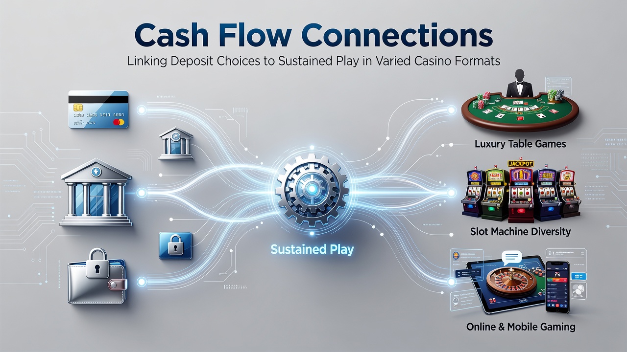 Diverse casino formats including online slots, live tables, and retail gaming floors with payment integration examples