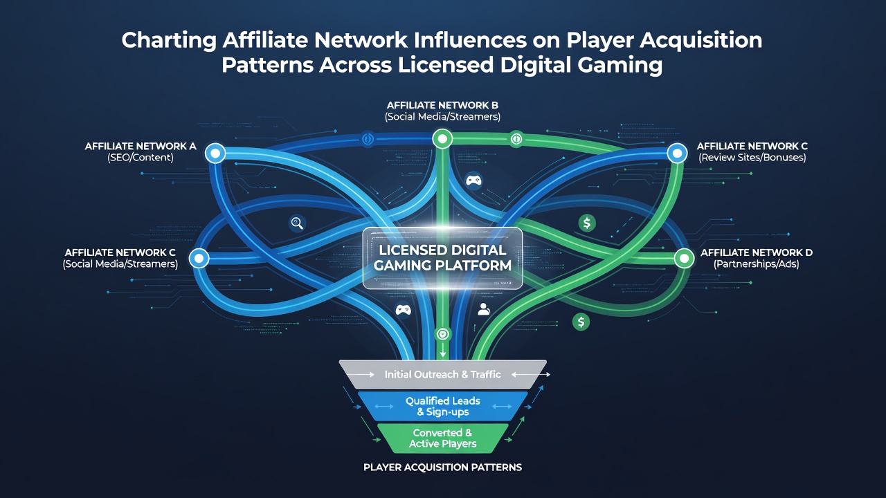 Infographic style chart displaying player acquisition sources and affiliate contribution percentages across licensed gaming platforms