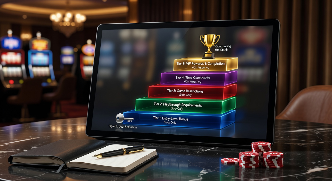 Infographic illustrating a player's journey through stacked wagering tiers, with icons for slots, blackjack, and roulette alongside progress charts and bankroll tips